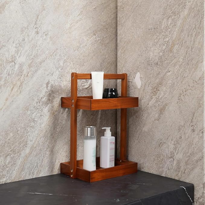 Utoplike Teak Wood Shower Caddy Corner, 2 Tier Bathroom Organizer Countertop, Standing Shower Rack with Handle, Stand Up Shower Basket for Shampoo, Shelf Rack for Inside Shower, Kitchen Desktop