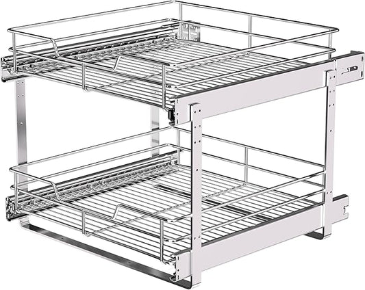 JOWBOOW 2-Tier Cabinet Pull Out Shelves 17x22 Inch, Heavy Duty Slide Out Drawer for Kitchen Base Cabinets, Easy Install U-Brackets, Independently Sliding Wire Basket Organizer, Holds 100 Lbs