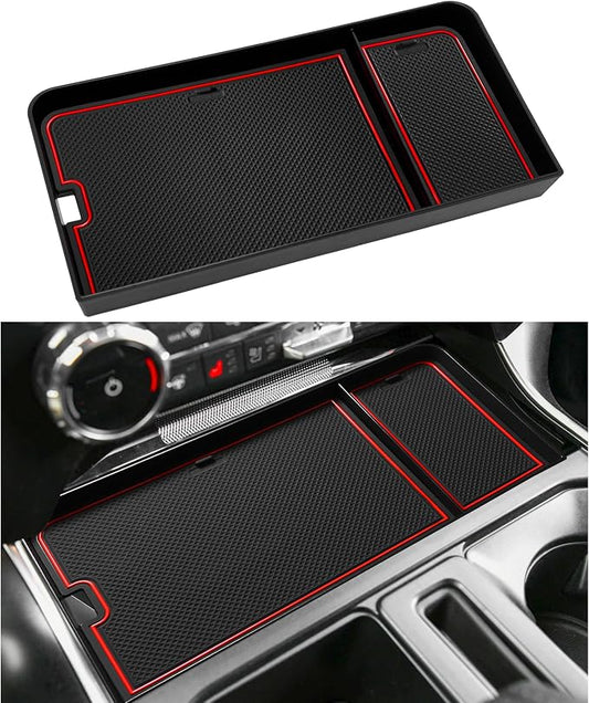 Center Console Organizer Tray for Ford F150 2021-2024/Lightning XLT 2022-2024 Interior Accessories Hidden Insert Storage Box with USB Hole Fit Front Shifter Open Pocket (Red)