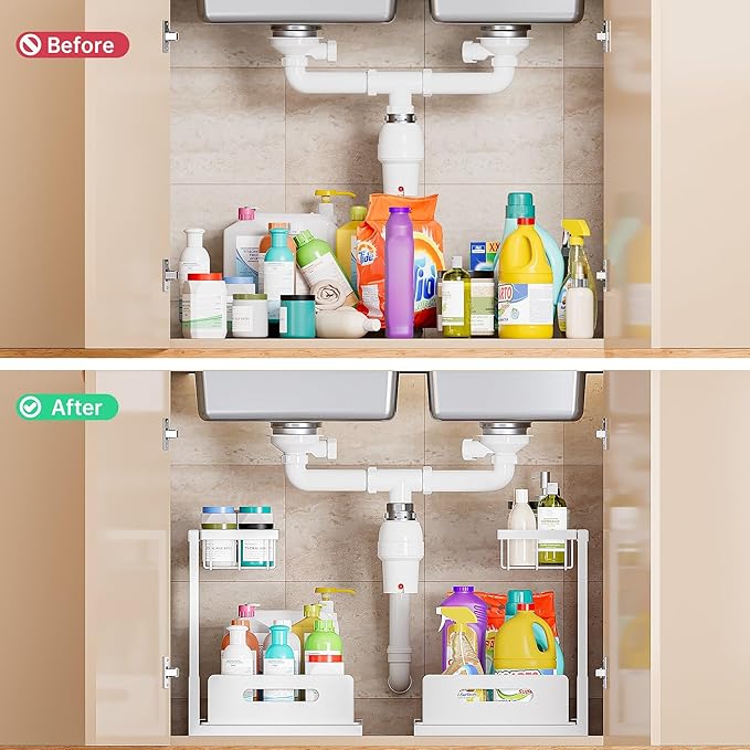 Under Sink Organizer and Storage, Slide Out Cabinet Organizer, Pull Out Sink Shelf for Kitchen Bathroom Laundry, White, 1 Pack