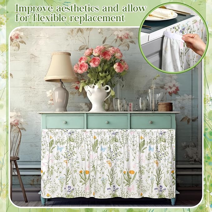 VitalCozy Cabinet Curtains 28"w x 51"L Sink Skirt for Bathroom Diamond Stitch Self Adhesive Waterproof Fabric Short Curtains for Kitchen Floral Dishwasher Curtain Cover for Home Farmhouse Rustic Drape