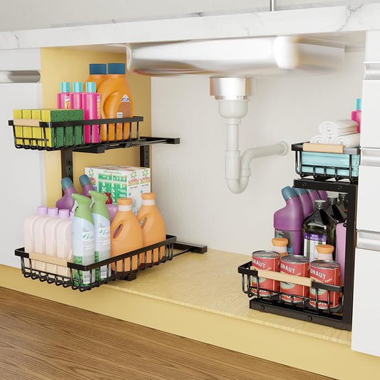 Under Sink Organizer with Pull-Out Drawers, 5-Level Adjustable Height 14"–17", 2-Tier Cabinet Storage, 4 Suction Cups, Nano-Grip Base, Sliding Baskets, Heavy-Duty Steel, Kitchen & Bathroom