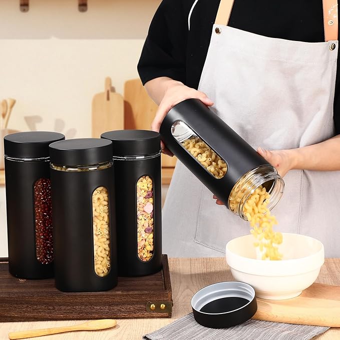 Mimorou 3 Pcs Stainless Steel Canister Set with Glass Windows Visible Storage Jars Silver Kitchen Canister Set for Pasta Flour Oat Sugar Container, Kitchen Tools, Housewarming Gifts(Black,44 oz)