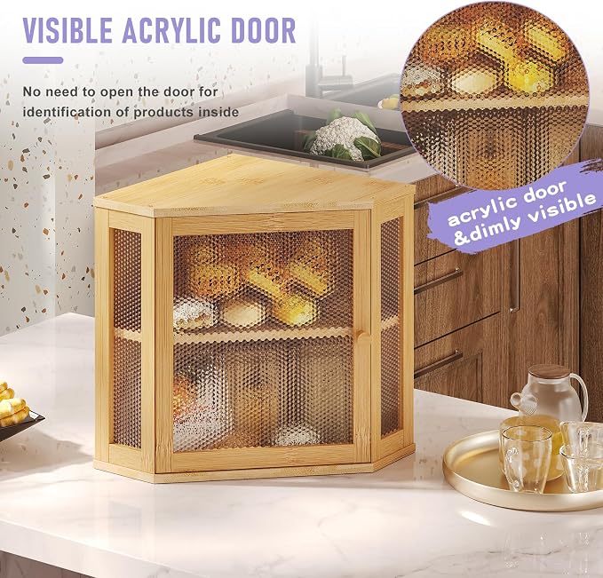 Bamboo Bread Box with Acrylic Window Display,Kitchen Countertop Storage, (Natual, Extra Lage)