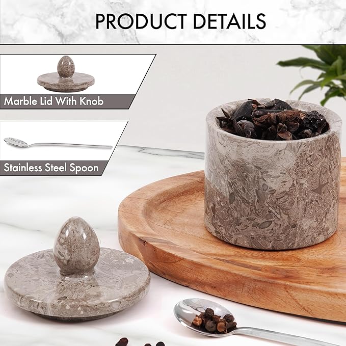 Marble Salt Cellar with Lid – Oceanic 4 Inch Table Salt Container, Salt Jar, Salt Dish, Salt Holder, Spice Jar, Sugar Bowl, Seasoning Container, Salt Dispenser for Kitchen Countertop