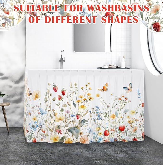 Fabric Sink Skirt Diamond Bathroom Stitch Self Stick Adhesive Waterproof Fabric Under Sink Curtain Skirt 55 x 32 Inch Adds Bathroom Storage (White,Wildflowers Style)