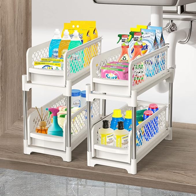 Under Sink Organizer, 2 Tier Bathroom Organizer Under Sink, Pull-Out Sliding Under Kitchen Cabinet Storage Rack, Multi-purpose Organizer Storage Shelf for Bathroom Kitchen, White, 2 Pack