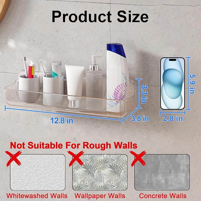 Diesisa Acrylic Wall Mounted Shower Caddy, Clear, Large Size 4D x 12.8" W x 3.3" H, Acrylic Shelf, No Drilling Walls Adhesive Shelf, Bathroom Shelves with Self Adhesive Tape for Bathroom, Kitchen