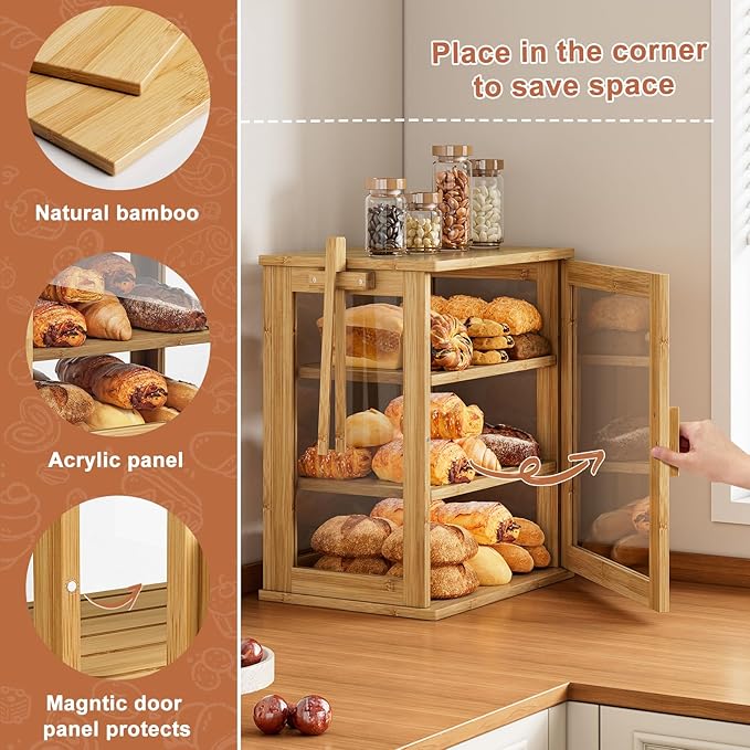 WOWLIVE Bamboo Bread Box for Kitchen Countertop, Large 3 Layers Bread Storage Container for Homemade Bread with Window, Farmhouse Breadbox Organizer for Kitchen, Cabinet, Pantry (Natural, Meduim)