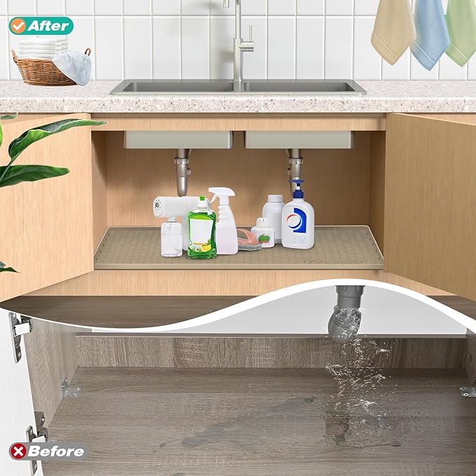 Waterproof Under Sink Mat 31" x 22", Silicone Cabinet Liner, Rubber Protector for Kitchen and Bathroom, Keeps Cabinets Clean, Dry, and Organized (Khaki)