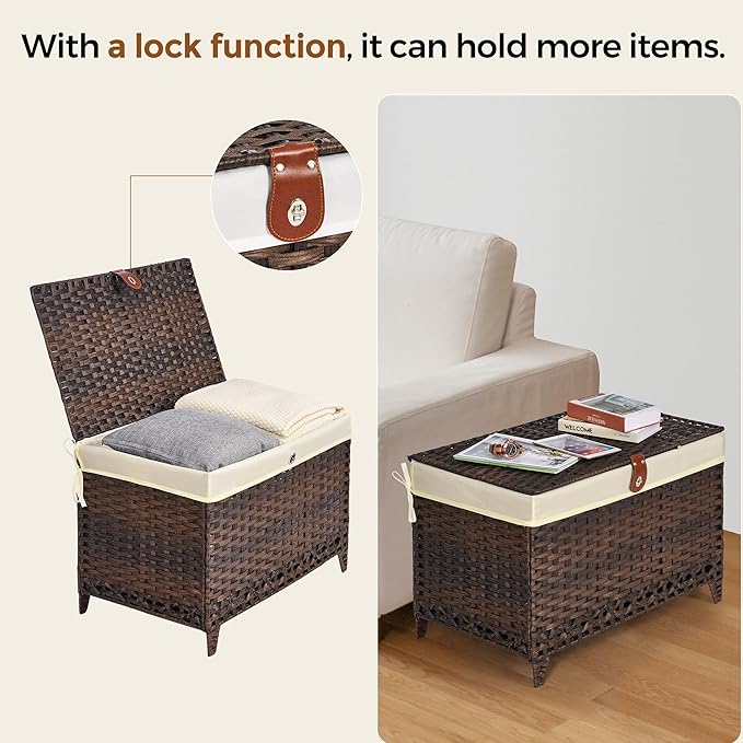Honjourai Wicker Storage Basket with Lid,Rattan Shelf Basket with Removable Liner Bag,105L Storage Bin,Storage Trunk with Heightened Feet,Storage Container for Wardrobe,Home Organizer