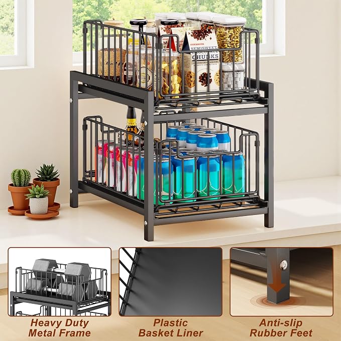Romorgniz 1 Pack Pull-Out Storage Organizers, 2-Tier Sliding Under Sink Organizers For Kitchen and Bathroom, Metal Shelf Cabinet Organziers, White