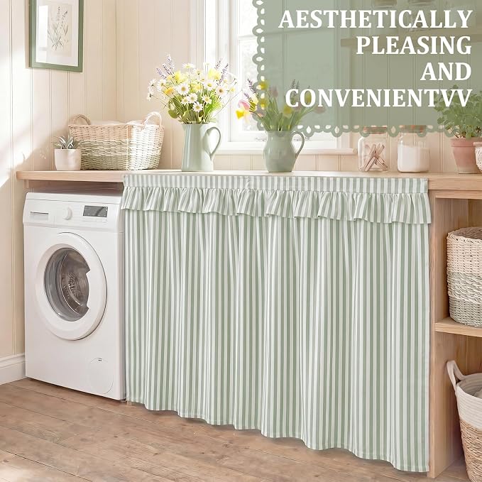 Green Ruffle Gingham Sink Skirt Self-Adhesive Bathroom Stitch Self Stick Adhesive Fabric Under Sink Curtain Skirt 32 x 55 in for Bathroom Kitchen Laundry Utility Room Decor(Stripe)