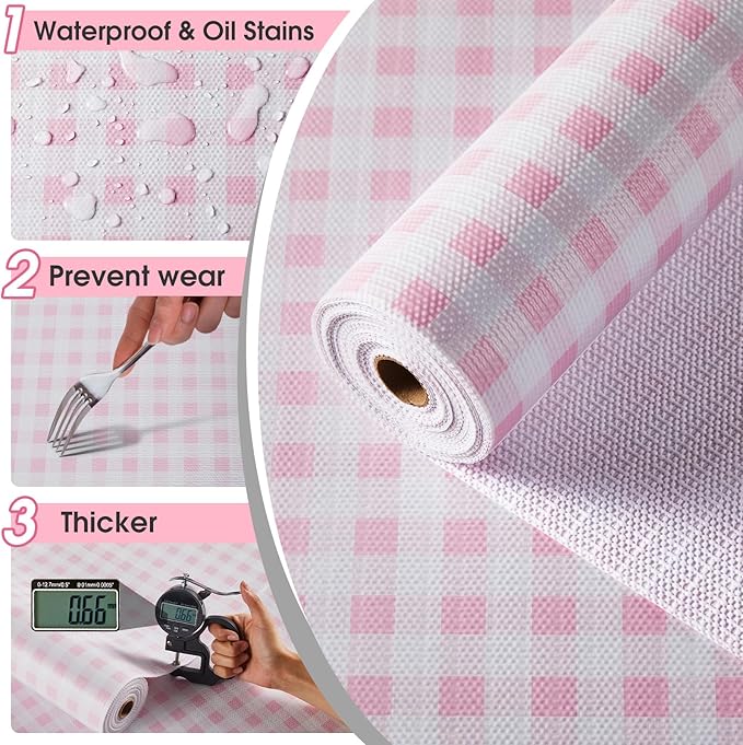 Drawer and Shelf Liner, Non-Slip Kitchen Cabinet Liners Non-Adhesive Thick Strong Grip Waterproof Washable Mats Protect Dresser Shelves Cupboard Bathroom Cabinets, Pink Plaid, 18 in X 10 FT