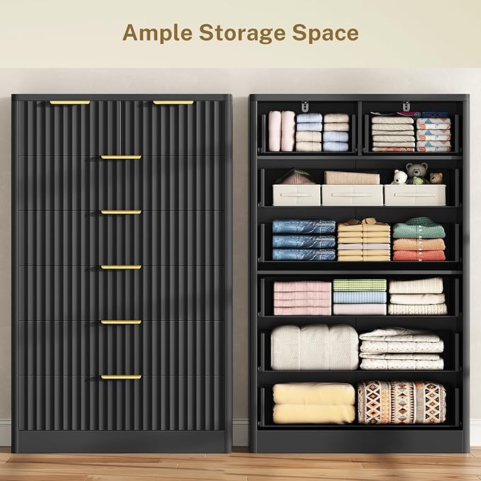 TEENOFN Fluted Dresser for Bedroom with 7 Drawers, 48" Tall Modern Chest of Drawers with Metal Handle, Wooden Dresser TV Stand, Wood Closet Clothes Storage Organizer for Living Room, Hallway, Black