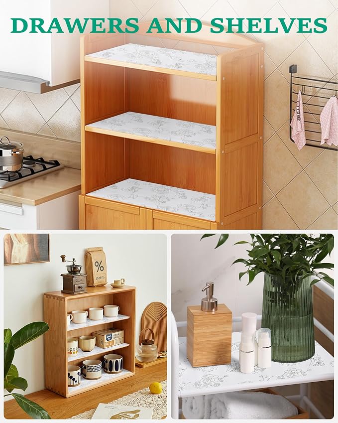 Floral Drawer Liner for Kitchen Cabinet 12 in x 30FT, Non-Adhesive Shelf Liner Non-Slip Strong Grip Cabinet Liners, Thickened Shelf Paper Easy to Clean for Tool Box Pantry, Cupboard Liner, Gray