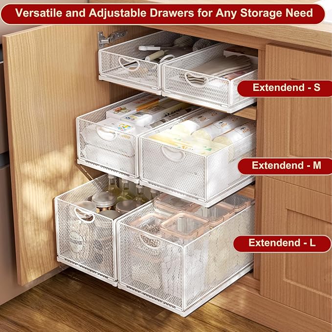 Pull Out Drawers for Cabinets Stackable or Single, Pull Out Cabinet Organizer, Adhesive Kitchen Cabinet Drawers Slide Out Pantry Shelves, Extra Rails