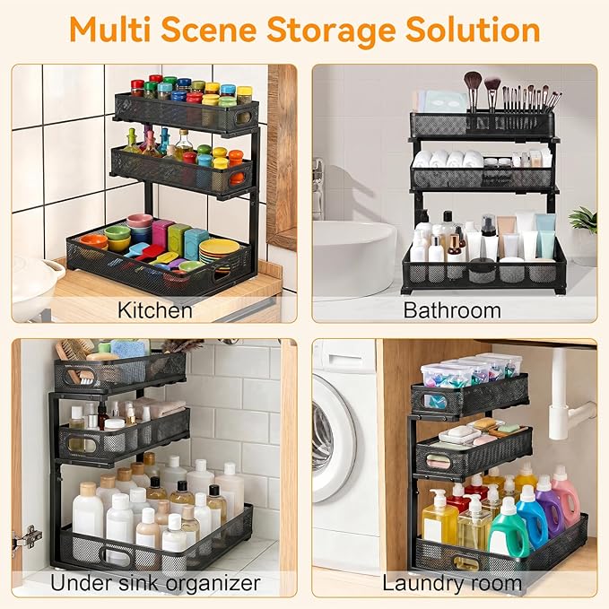 Under Sink Organizer for Bathroom, 3 Tier Adjustable Height Under Sink Storage, Sliding Pull Out Cabinet Organizer Shelf, Metal Multi-Purpose Cabinet Organizer for Kitchen (2 Pack, Black)