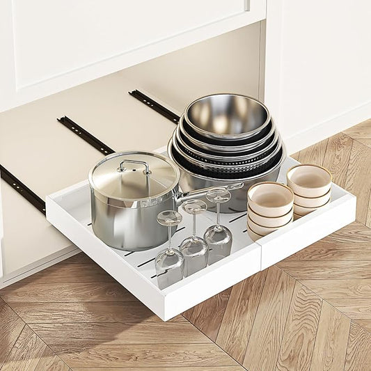 Expandable Pull Out Cabinet Organizer, Slide Out Cabinet Shelves with 3 Quiet Rails, Nano Adhesive No Drill Roll Out Drawers for Kitchen, Pantry, Bathroom,12.6-20.4" W x 16.54" D,1 Pack,White