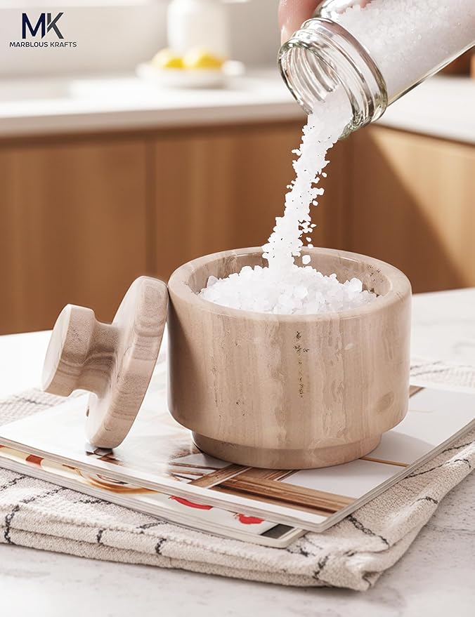 MARBLOUS KRAFTS Marble Salt Cellar with Lid & Spoon 3" Brown Small Flaky Salt Box and Sugar Jar for Spice Storage on Countertop, Kitchen Seasoning Container, Ideal Mother’s Day Gift for Mom