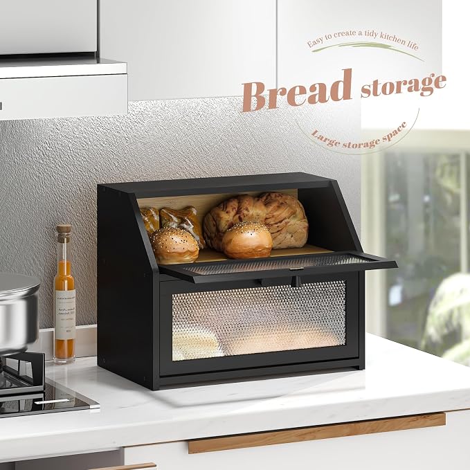 STDDRE Bread Box for Kitchen Countertop Bin Double Layer Bread Box Storage Container Extra Large Capacity Farmhouse with Diamond Pattern Windows (Black, Large)