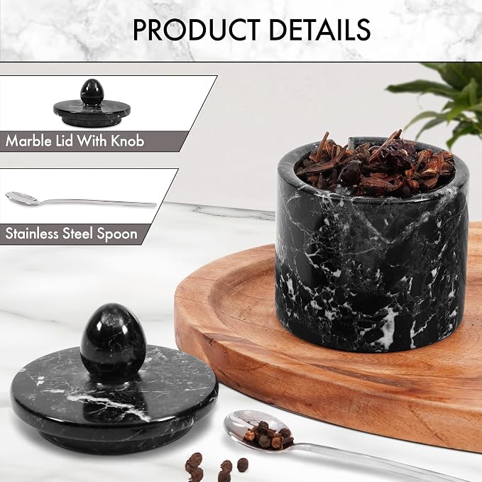 Marble Salt Cellar with Lid – Black 4 Inch Table Salt Container, Salt Jar, Salt Dish, Salt Holder, Spice Jar, Sugar Bowl, Seasoning Container, Salt Dispenser for Kitchen Countertop