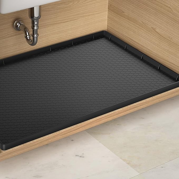 Under Sink Mat - 25" x 19" Waterproof Kitchen Cabinet Mat - Flexible Silicone Under Sink Liner - Kitchen Bathroom Cabinet Mat and Protector for Drips Leaks Spills (Black)