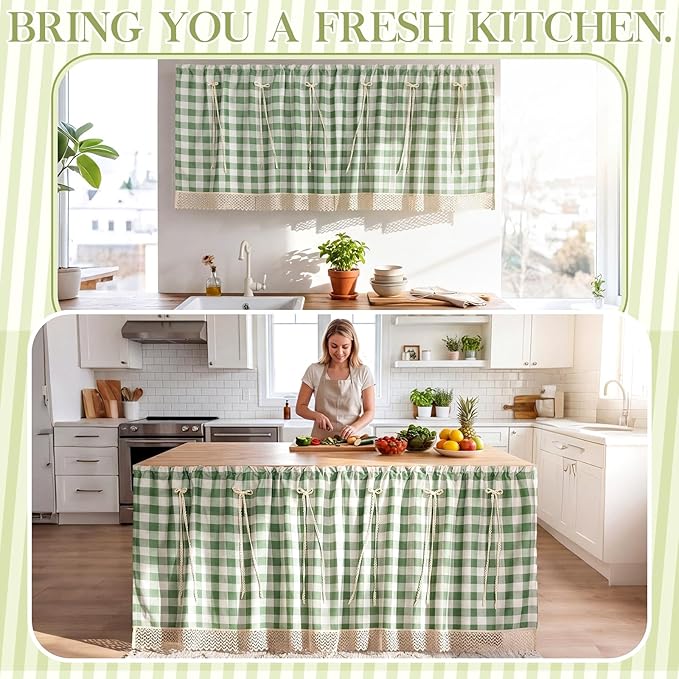 VitalCozy Cabinet Curtain 28" W x 51" L Sink Skirt for Bathroom Kitchen Green Checkered Lace Ruffles Short Curtain for Home Classroom Farmhouse Rustic Drape Under Desk Privacy Drape for Laundry Room