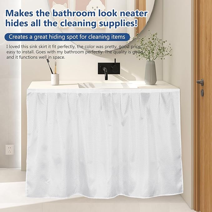Fabric Sink Skirt for Pedestal Sinks – Waterproof Under Sink Curtain Skirt to Hide Cleaning Supplies – Self-Adhesive, Easy Install, 55 x 32 Inch Bathroom Storage Solution (White)