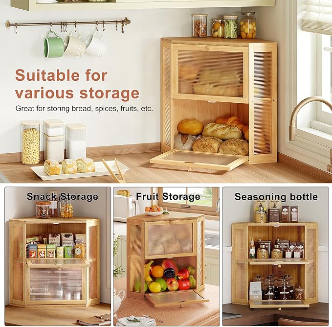 WOWLIVE Corner Bread Box for Kitchen Countertop, Double Layer Bamboo Bread Storage Container, Large Farmhouse Bread box with Acrylic Wavy Door Panel, Under Cabinet Organizer (Natural, Extra Large)