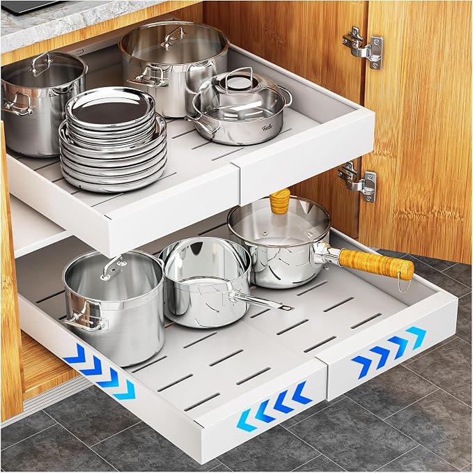 YFXCVSL Pull Out Cabinet Organizer, Expandable(12.6''-20.5'') Heavy Duty Drawers Organization, Slide Out Cabinet Organizers with Adhesive Nano Film for Kitchen Cabinet Organization (Black), 1610Black