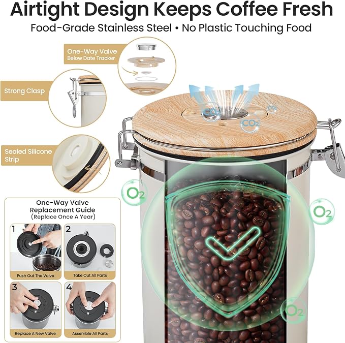 Veken Coffee Canister, 39OZ Large, Gifts For Women,Airtight Stainless Steel Food Storage Container for 2.2lbs Coffee Beans,Ground, Sugar, Tea, Flour, Cereal, Kitchen Bar Accessories,Scoop, Gift, Cream