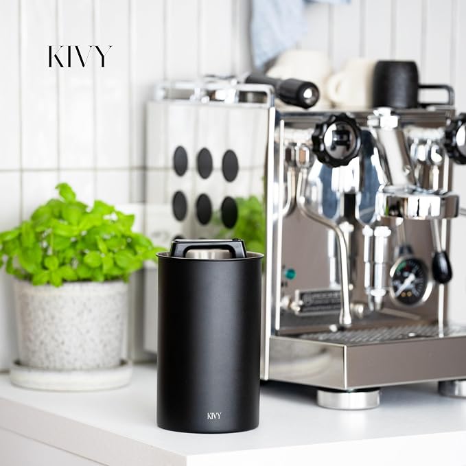 KIVY Vacuum Coffee Canister - Push Lid Preserves Coffee Aroma & Oil - Stainless Steel Airtight Coffee Canister - Container for Ground & Coffee Bean Storage - Storage Jar - Removes Excess Air