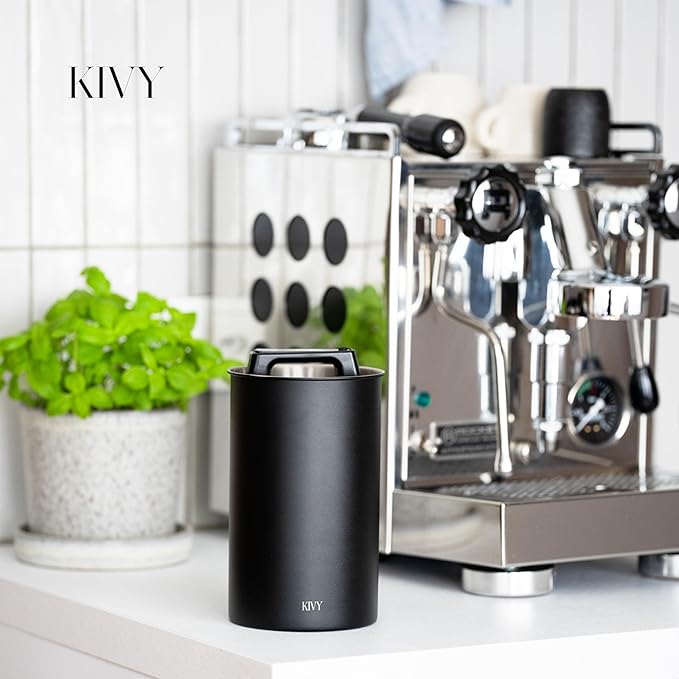 KIVY Vacuum Coffee Canister - Push Lid Preserves Coffee Aroma & Oil - Stainless Steel Airtight Coffee Canister - Removes Excess Air