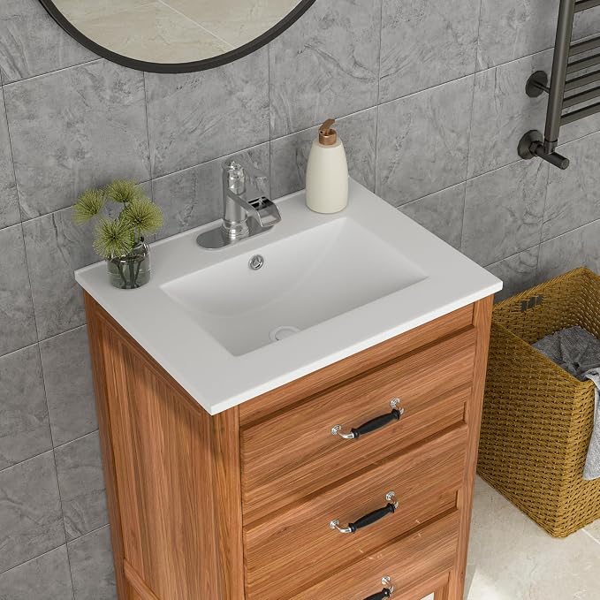 Lordear White Bathroom Sink 24 X18 Inch Vanity Sink Tops One Hole Drop In Porcelain Ceramic Bathroom Vanity Top Sink Basin 24" Inch Sinks for Bathroom