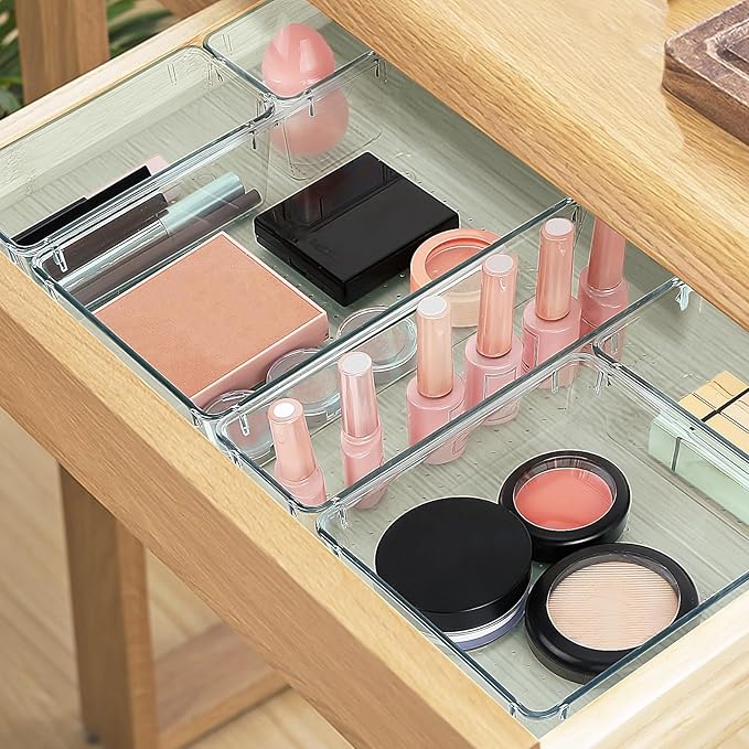 StorMiracle 16 PCS Drawer Organizer Set, 5 Varied Size Bathroom and kitchen Drawer cabinet organizer Trays, Clear Storage Bins for Makeup, Jewelry, Utensils and Gadgets