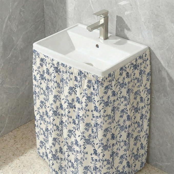 Blue Floral Sink Skirt for Bathroom, Self Stick Adhesive Waterproof Fabric, Cottagecore Under Sink Curtain Skirt, Pedestal Sink Accessories Decor