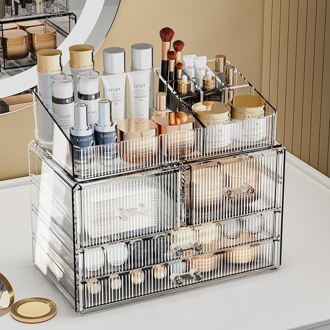ZHIAI Stackable Storage Drawers, Acrylic Bathroom Counter Organizer Clear Makeup Organizers for Vanity, Kitchen Cabinets, Bathroom, Undersink, Home Organization and Storage (1 Top 4 Drawers D)