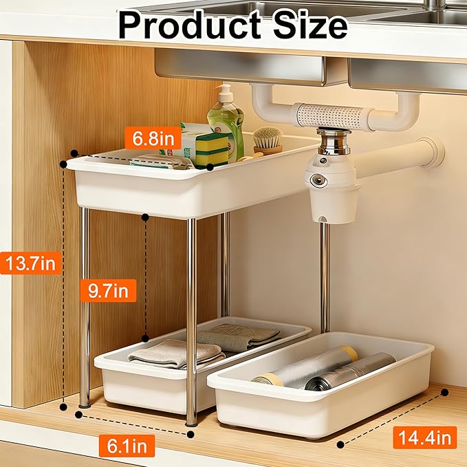 2-Tier Under Sink Organizer with Smooth Rolling Wheels, Pull-Out Bottom Storage Drawer with Easy-Lift Handle, Metal & Plastic Sliding Cabinet Organizer for Kitchen & Bathroom, White, 2 Pack