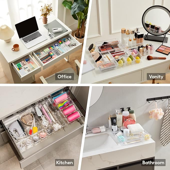 Lifewit 25 PCS Drawer Organizer Set Clear Plastic Desk Drawer Dividers Trays Dresser Storage Bins Separation Box for Makeup, Jewelries and Gadgets, Bedroom, Bathroom, Office