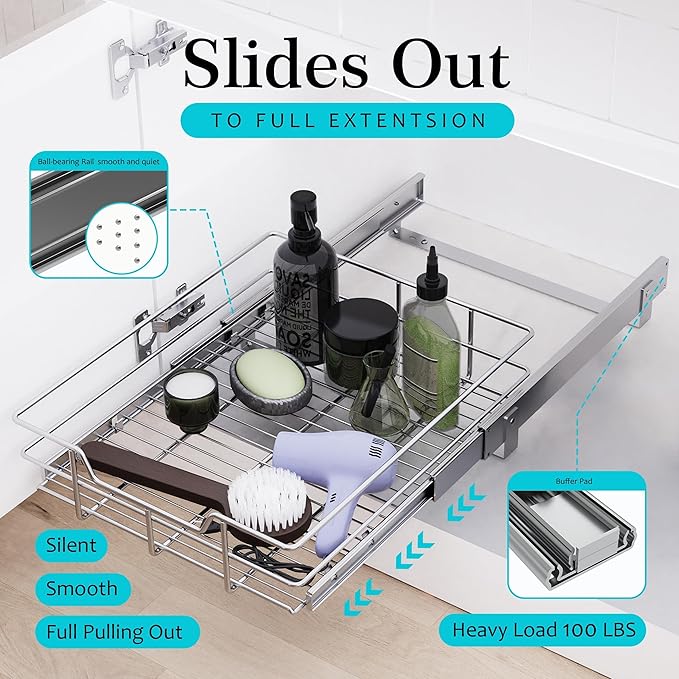 Pull Out Cabinet Organizer 17" W X 22" D, Slide Out Drawers For Kitchen Organizers and Storage, Pull Out Drawers For Cabinets Capacity Heavy Duty Caddy, Cabinet Shelves Chrome-Plated, Bathroom Pantry