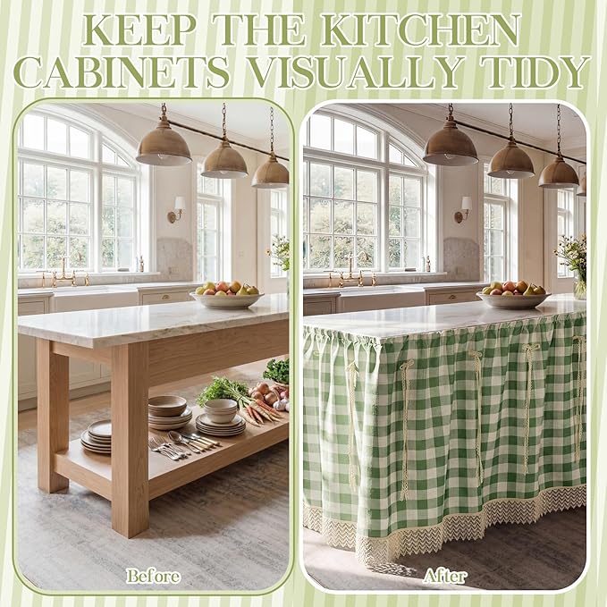 VitalCozy Cabinet Curtain 28" W x 51" L Sink Skirt for Bathroom Kitchen Green Checkered Lace Ruffles Short Curtain for Home Classroom Farmhouse Rustic Drape Under Desk Privacy Drape for Laundry Room