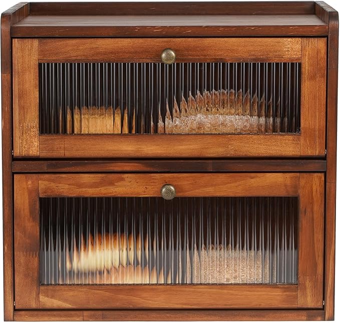 Sunhoo Bread Box for Kitchen Countertop Wooden Bread Storage Container Bin 2 Layer Breadbox Holder Large Capacity Keeper Vintage Farmhouse Food Organizer Pantry Shelf Acrylic Window (Brown)