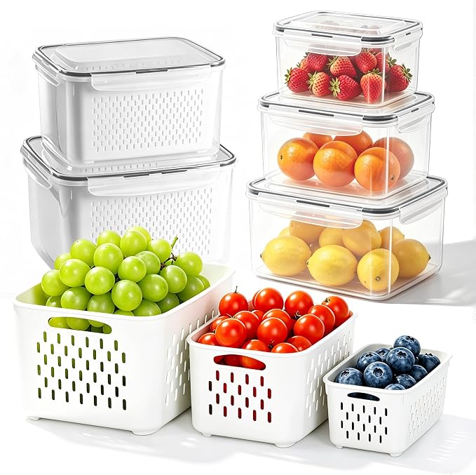 5 Pack Fruit Storage Containers for Fridge,Fruit Containers for Fridge with Removable Colanders,Leakproof Refrigerator Organizers and Storage for Produce Beery Vegetable Salad Meat Food Keep Fresh