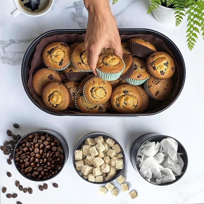 Plexon Bread Box for Kitchen Countertop with 3 Coffee, Tea, Sugar Canisters, Metal 4-Piece Bread Box Set with Lids and Cooper Labels, Black, BBCP4STBK