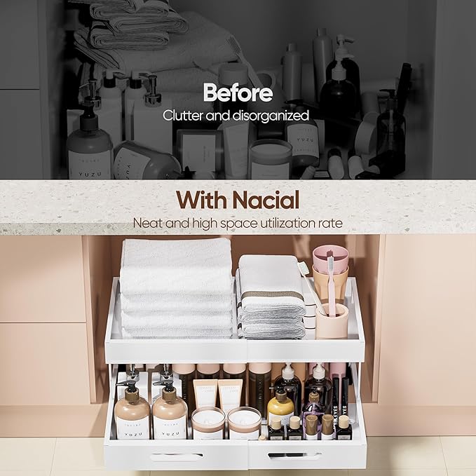 Nacial 2 Tier Pull Out Cabinet Organizer, Expandable(12.3"-20.7" W) Slide Out Cabinet Drawer with Adhesive Nano Film, Adjustable Heavy Duty Roll Out Shelves for Kitchen Pantry Bathroom Storage, White