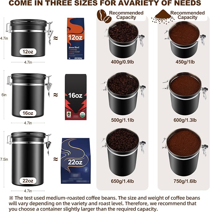 ShanSon Coffee Canister Airtight, Stainless Steel Bean Storage Container with Date Tracker & Scoop, Grounds Sugar Flour Tea Cereal Fits Kitchen Pantry, Ideal Gift for Coffee Lovers,22oz, Black