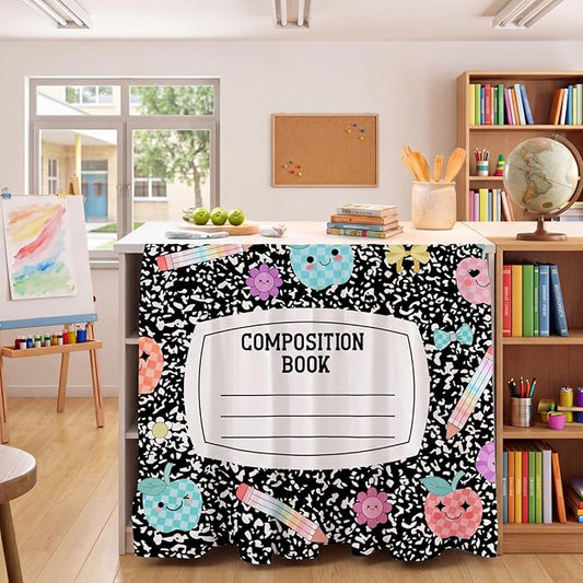 VitalCozy Composition Notebook Table Skirt for Classroom Teacher 35" W X 35" L Desk Skirts Teacher Appreciation Week Back to School Gifts for Kindergarten Classroom Office Bookcase Decoration