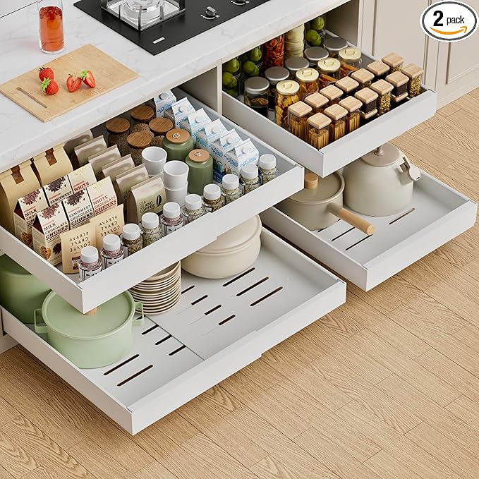 PAKETA 2 Pack Expandable Pull Out Cabinet Organizer, 21'' Deep Pull Out Drawers for Cabinets, Upgrade 3 Slide Rails Sliding Drawers for Cabinets with Adhesive Nano Film (White, 21"D X 12-20"W)