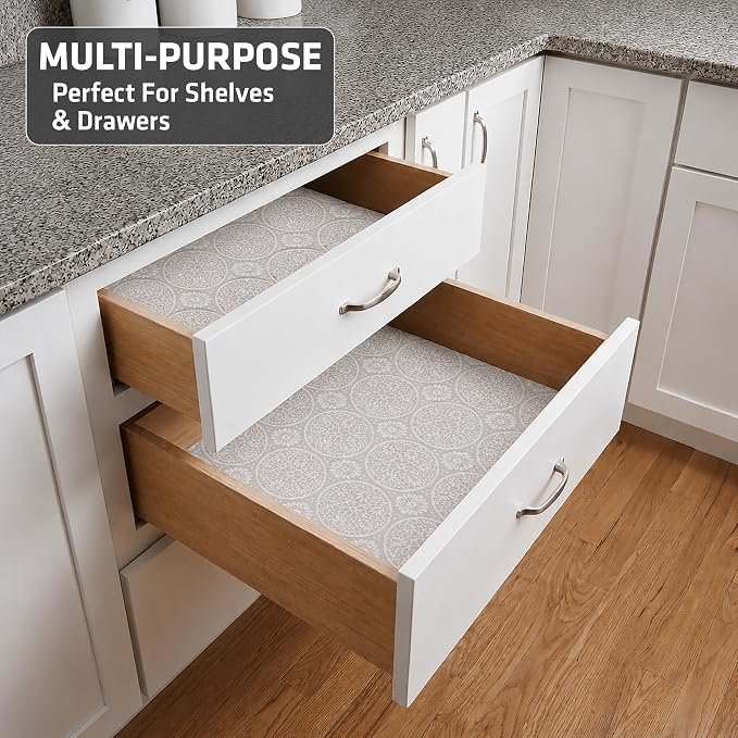 Drymate Premium Luxury Shelf & Drawer Liner, Thick Cushioned Fabric, Non-Adhesive, Absorbent, Waterproof, Slip-Resistant, Liners for Kitchen Cabinets, Cupboards (USA Made)(12”x59”)(2-Pack)(Tan)